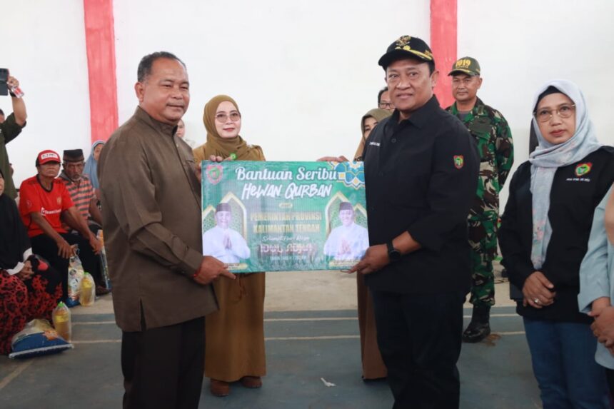 PENYERAHAN HEWAN KURBAN : Pemerintah Provinsi Kalimantan Tengah melaluiWakil Gubernur (Wagub) Kalteng, Edy Pratowo menyerahkan hewan kurban secara simbolis, di wilayah Kabupaten Katingan, bertempat di Kantor Desa Hampalit Kecamatan Katingan Hilir, Selasa (11/6/2024). (foto:mmc)