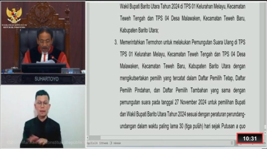 PUTUSAN : Ketua Majelis Hakim, Suhartoyo saat membacakan amar putusan gugatan sengketa pilkada Barito Utara, Senin (24/2/2025). (Foto:screnshoot)