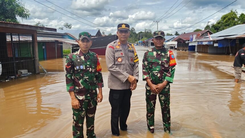 TINJAU BANJIR : Kapolsek Mantangai, AKP Untung Basuki bersama anggota koramil Mantangai saat meninjau banjir di ruas Jalan Transkalimantan Palangka Raya-Buntok, Sabtu (8/3/2025). (foto:ririn)
