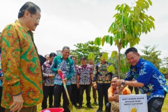 TANAM DURIAN : Bupati Katingan, Saiful menanam pohon durian unggulan disaksikan Anggota DPD RI, Agustin Teras Narang di Halaman Kantor Dinas PUPR Katingan di Kasongan, Kamis (27/3/2025) pagi. (foto:saleh)