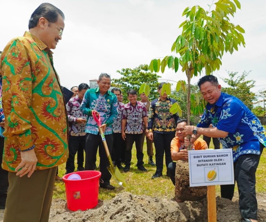 TANAM DURIAN : Bupati Katingan, Saiful menanam pohon durian unggulan disaksikan Anggota DPD RI, Agustin Teras Narang di Halaman Kantor Dinas PUPR Katingan di Kasongan, Kamis (27/3/2025) pagi. (foto:saleh)